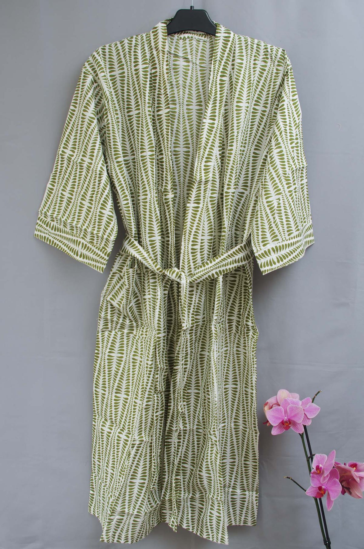 Green Heena Long Cotton Kimono Dressing Gown