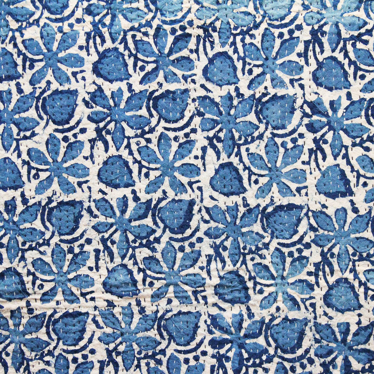 Dabu Indigo Blue Handmade Queen Kantha Quilt - Floral