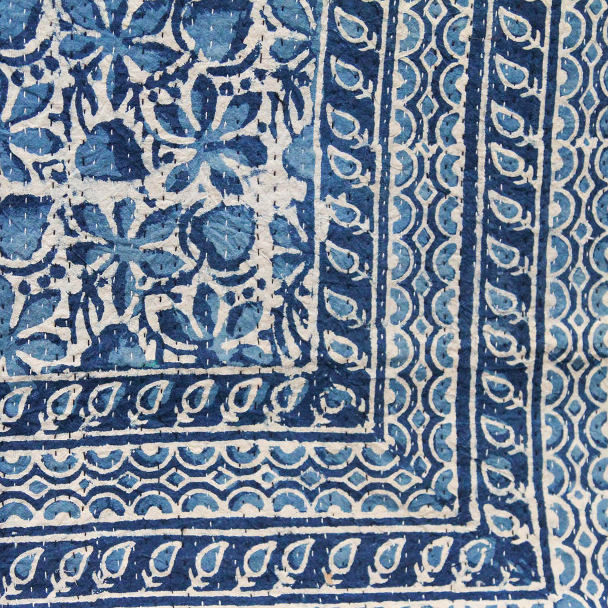Dabu Indigo Blue Handmade Queen Kantha Quilt - Floral