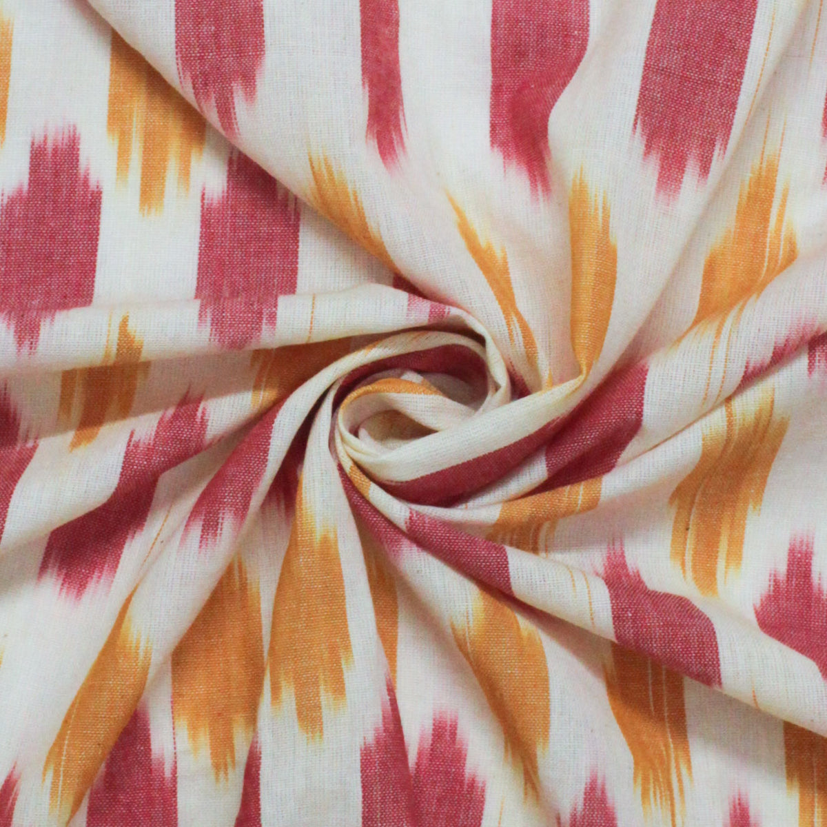 Ikat Hand Woven Cotton Fabric Design - Pink & Yellow Weaves On Cream White Base