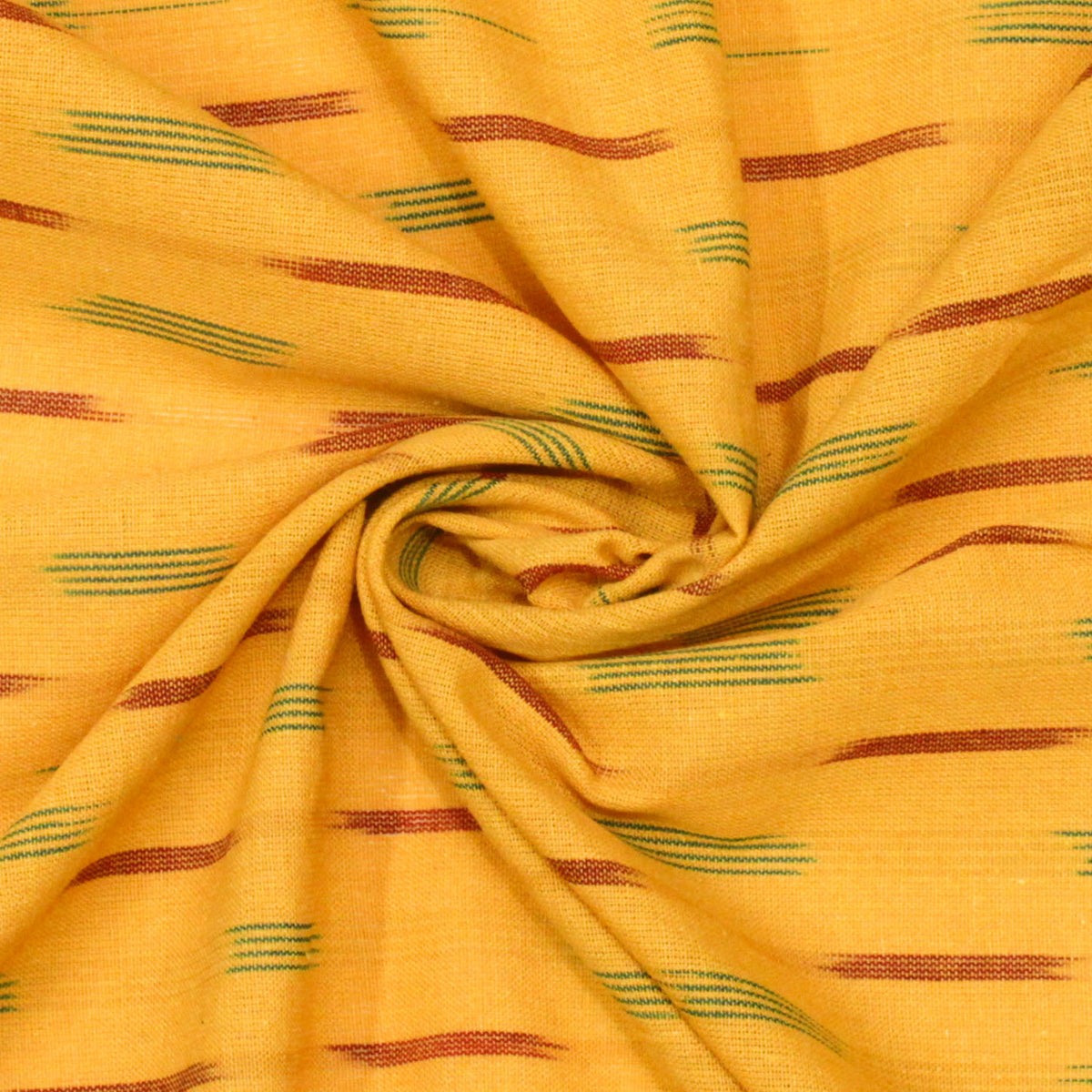 Ikat Hand Woven Cotton Fabric Design - Mustard Yellow With Red & Green Fine lines