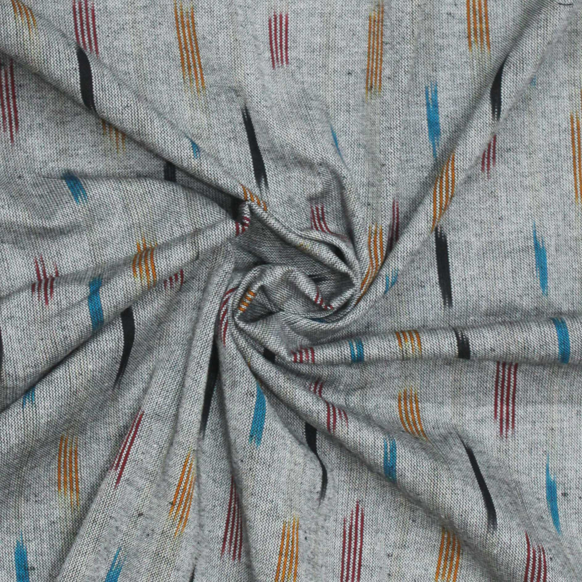 Ikat Hand Woven Cotton Fabric Design - Grey With Colourful Small Lines Weave