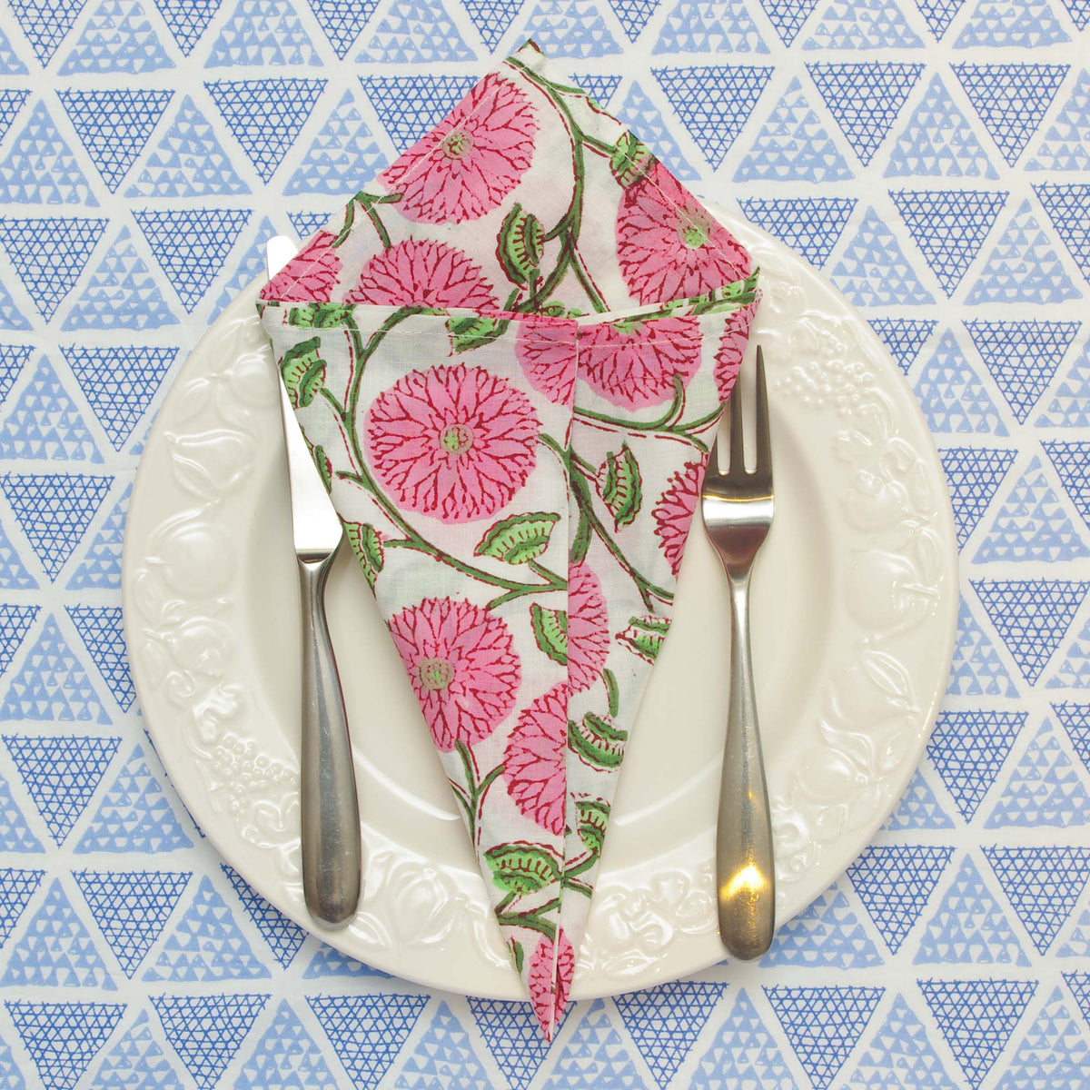 Pink Floral Block Printed Dinner Napkins (16''/18''/20'') - Set of 4