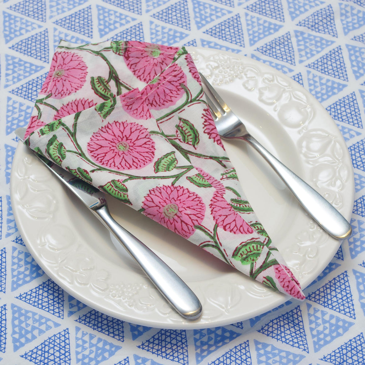 Pink Floral Block Printed Dinner Napkins (16''/18''/20'') - Set of 4