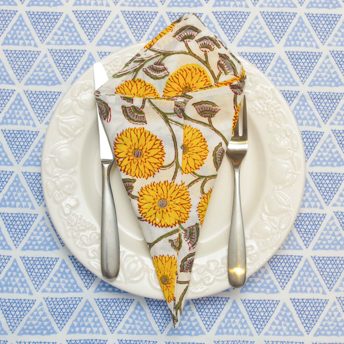 Yellow Floral Block Printed Dinner Napkins (16''/18''/20'') - Set of 4