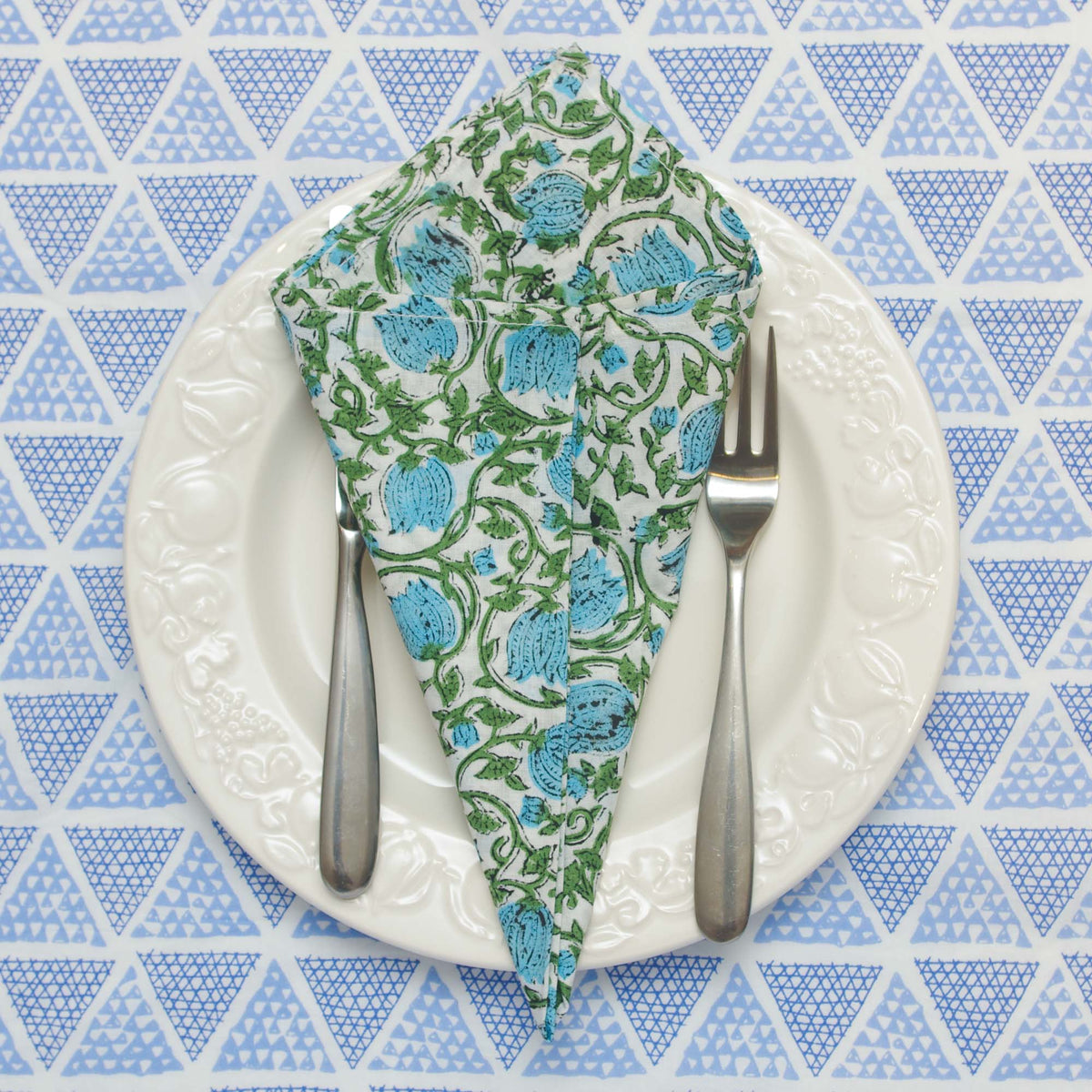 Blue Floral Block Printed Dinner Napkins (16''/18''/20'') - Set of 4