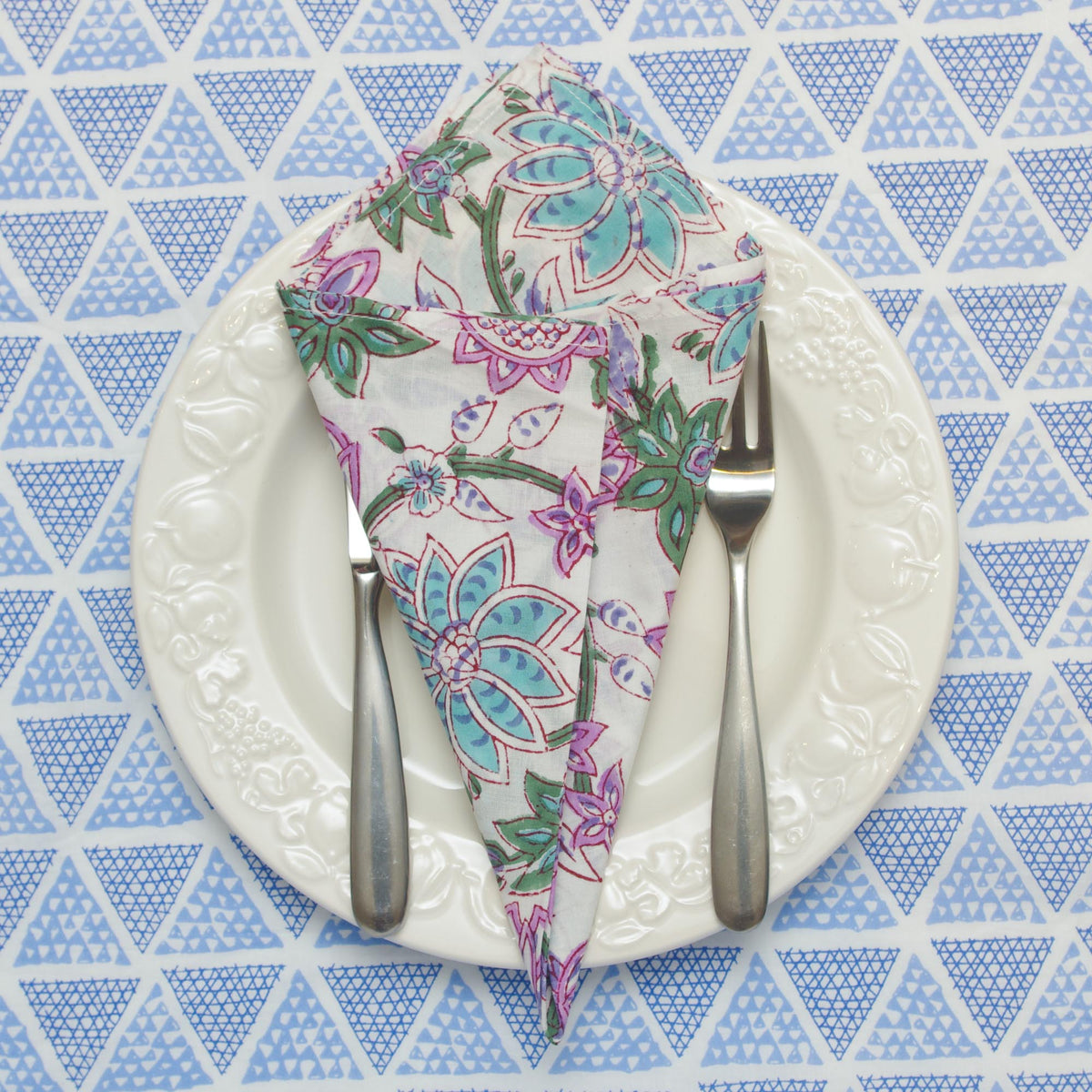 Pink Blue Floral Block Printed Dinner Napkins (16''/18''/20'') - Set of 4