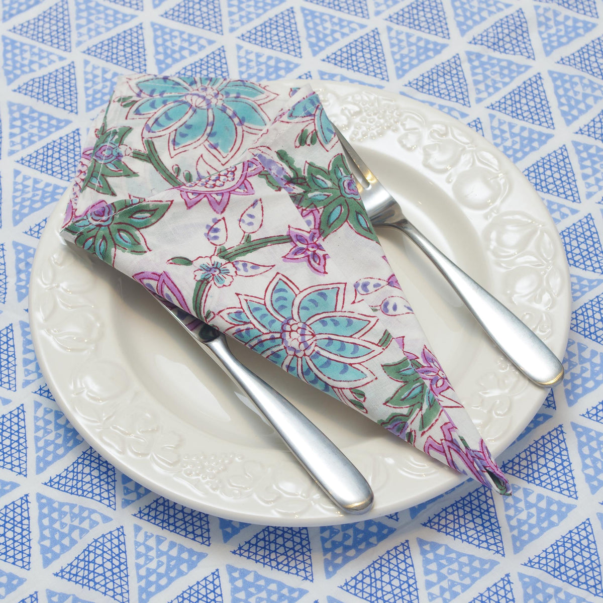 Pink Blue Floral Block Printed Dinner Napkins (16''/18''/20'') - Set of 4