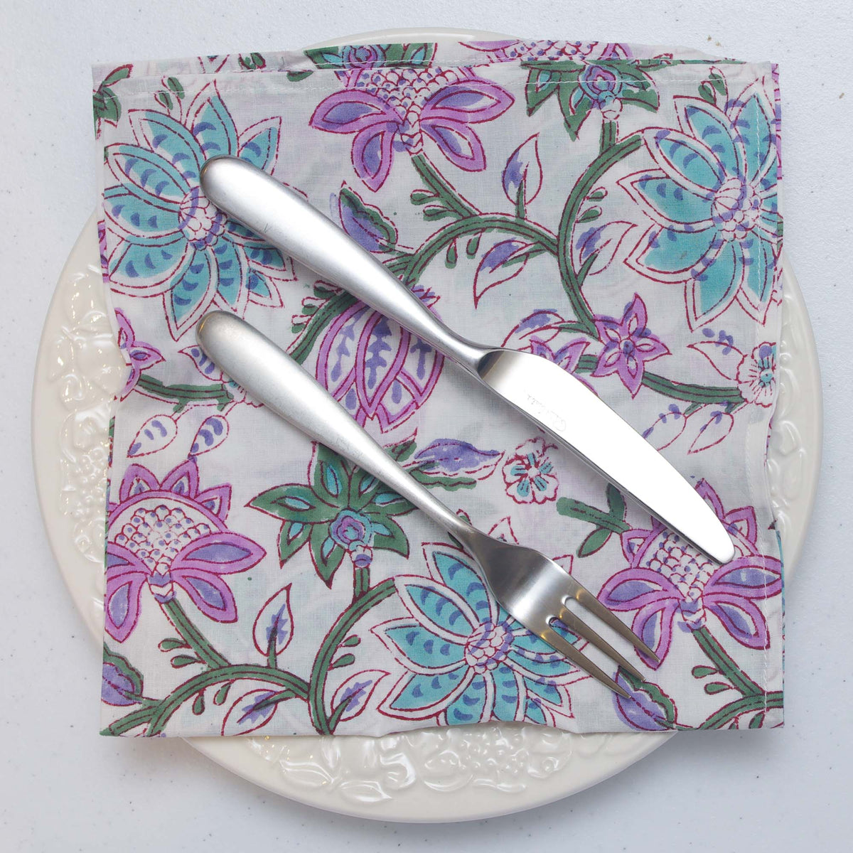Pink Blue Floral Block Printed Dinner Napkins (16''/18''/20'') - Set of 4