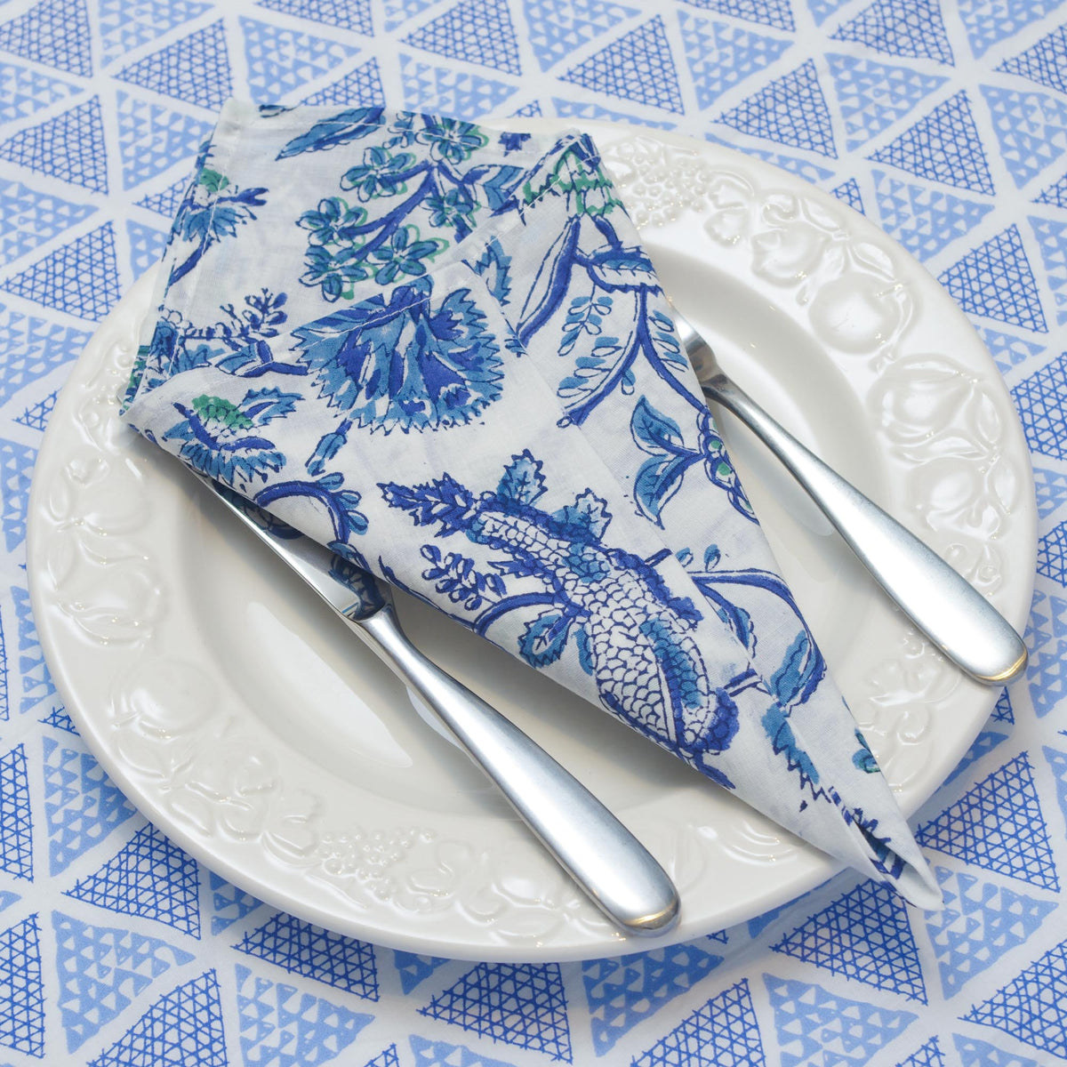 White Blue Floral Block Printed Dinner Napkins (16''/18''/20'') - Set of 4