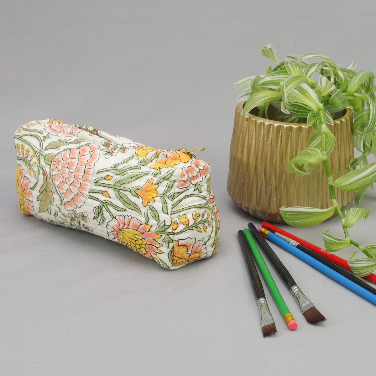 Block Print Makeup Pouch or Pencil Case- Marigold On White
