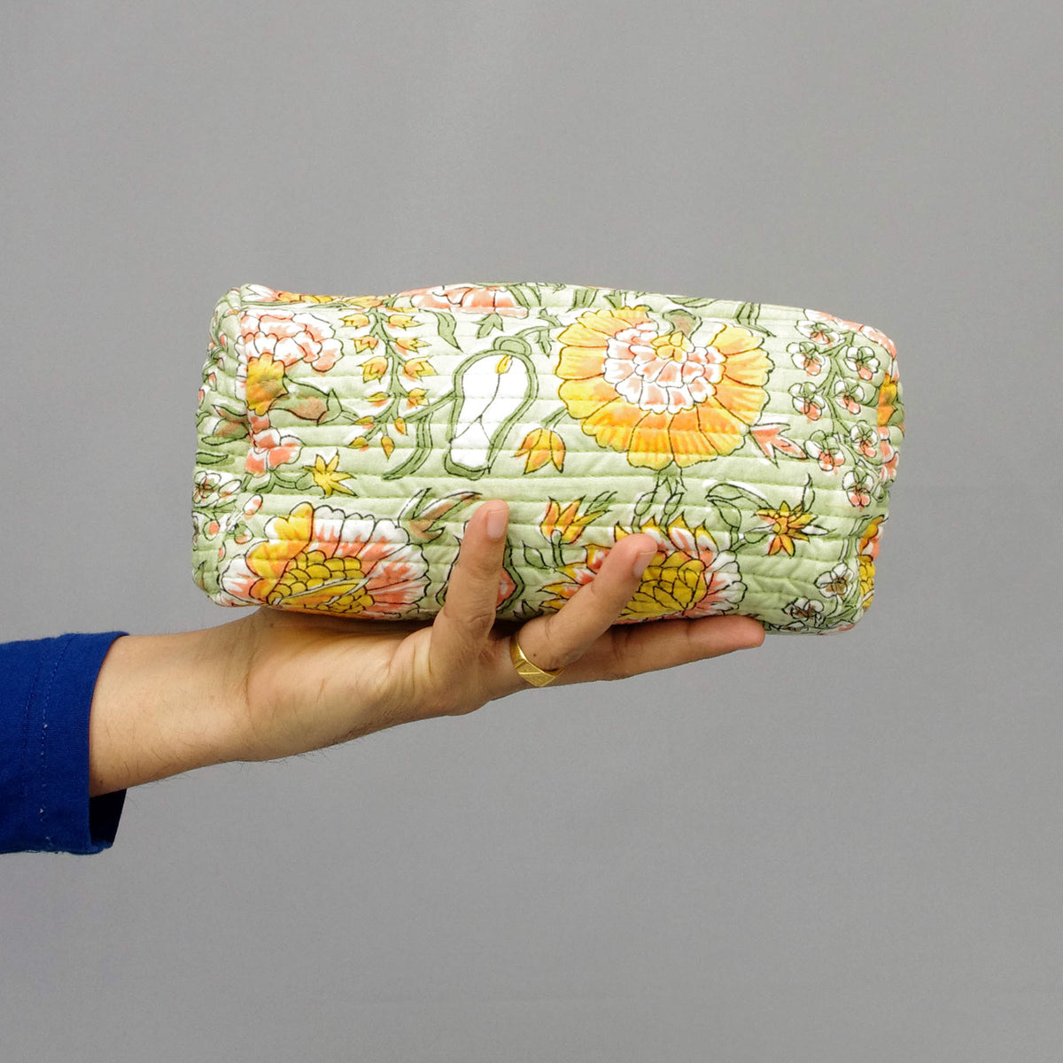 Block Print Makeup Pouch or Pencil Case- Marigold On White