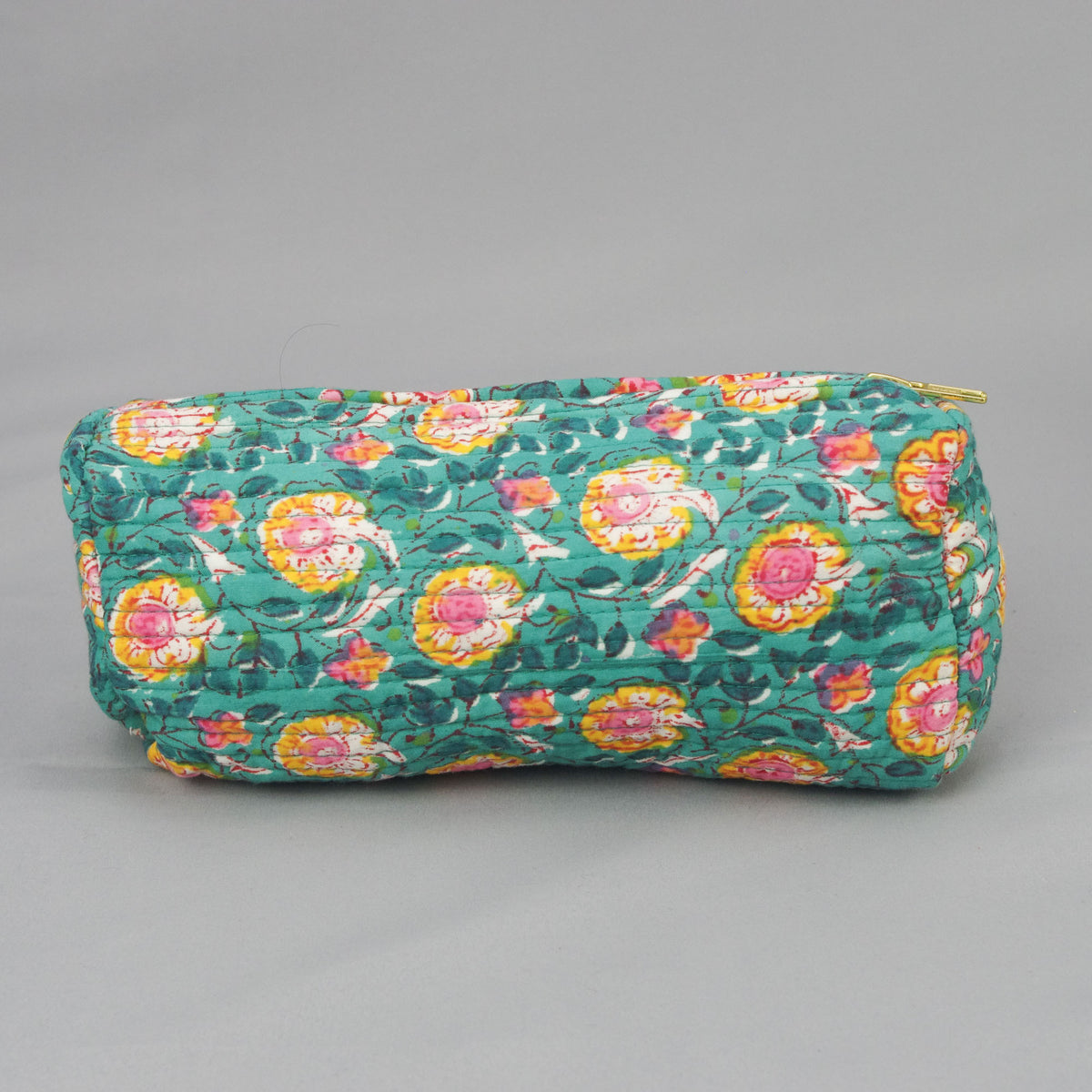 Block Print Makeup Pouch or Pencil Case- Teal Green Floral