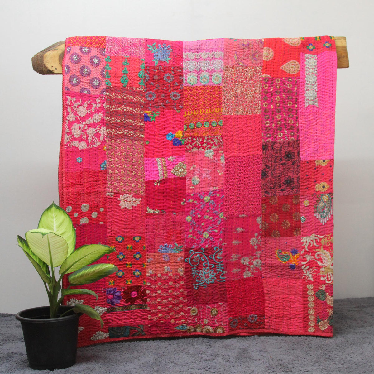 Pink Embroidered Assorted Patchwork Recycled Indian Sari Blanket,Handmade Kantha Quilt, Bedding Throw, Bedspread, Gift