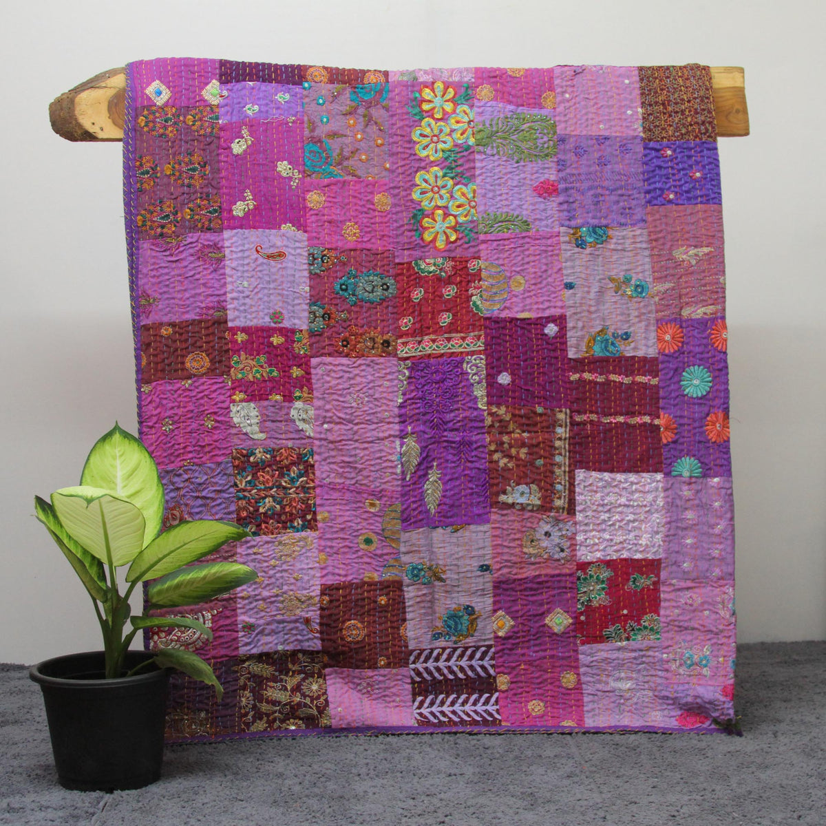 Purple Embroidered Assorted Patchwork Recycled Indian Sari Blanket,Handmade Kantha Quilt, Bedding Throw, Bedspread, Gift