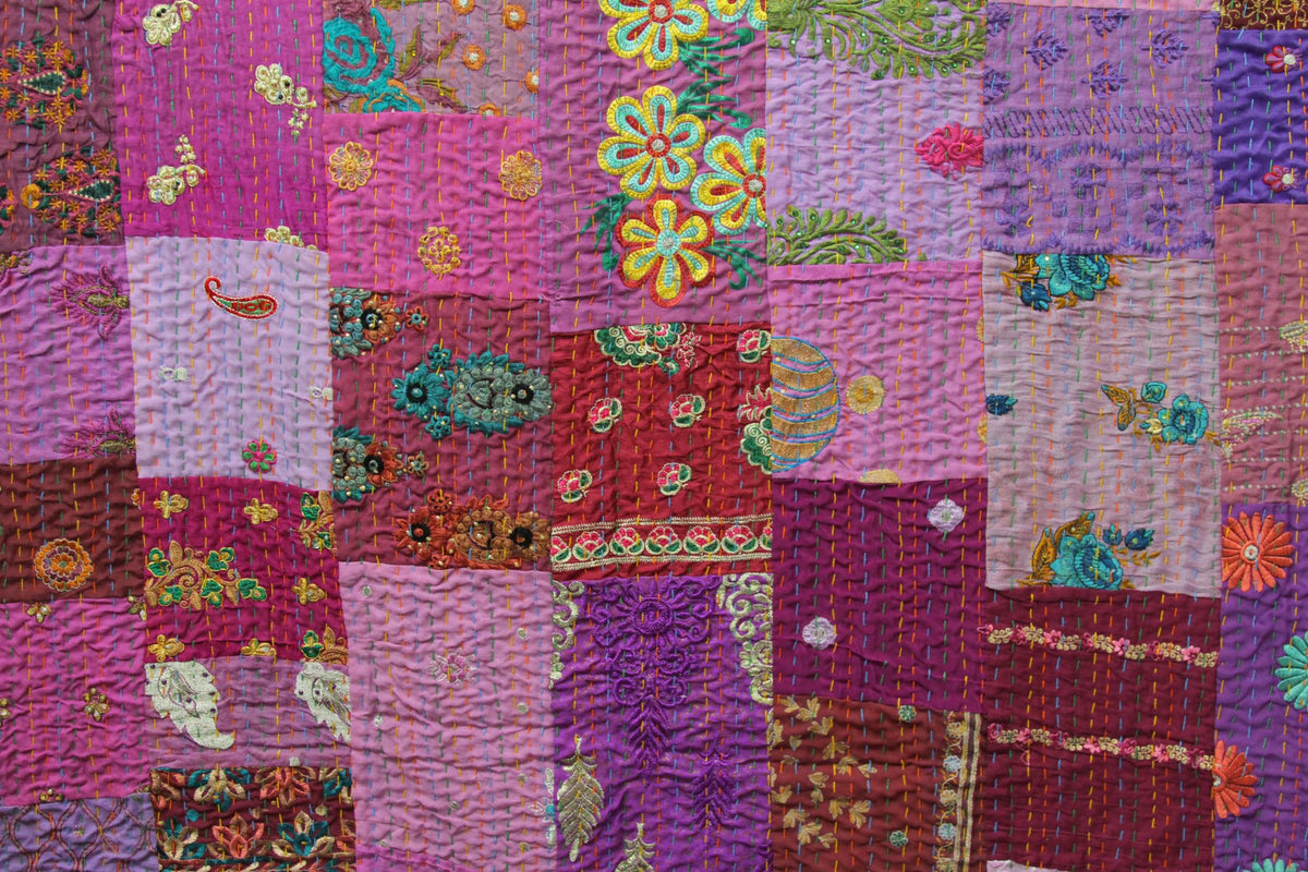 Purple Embroidered Assorted Patchwork Recycled Indian Sari Blanket,Handmade Kantha Quilt, Bedding Throw, Bedspread, Gift
