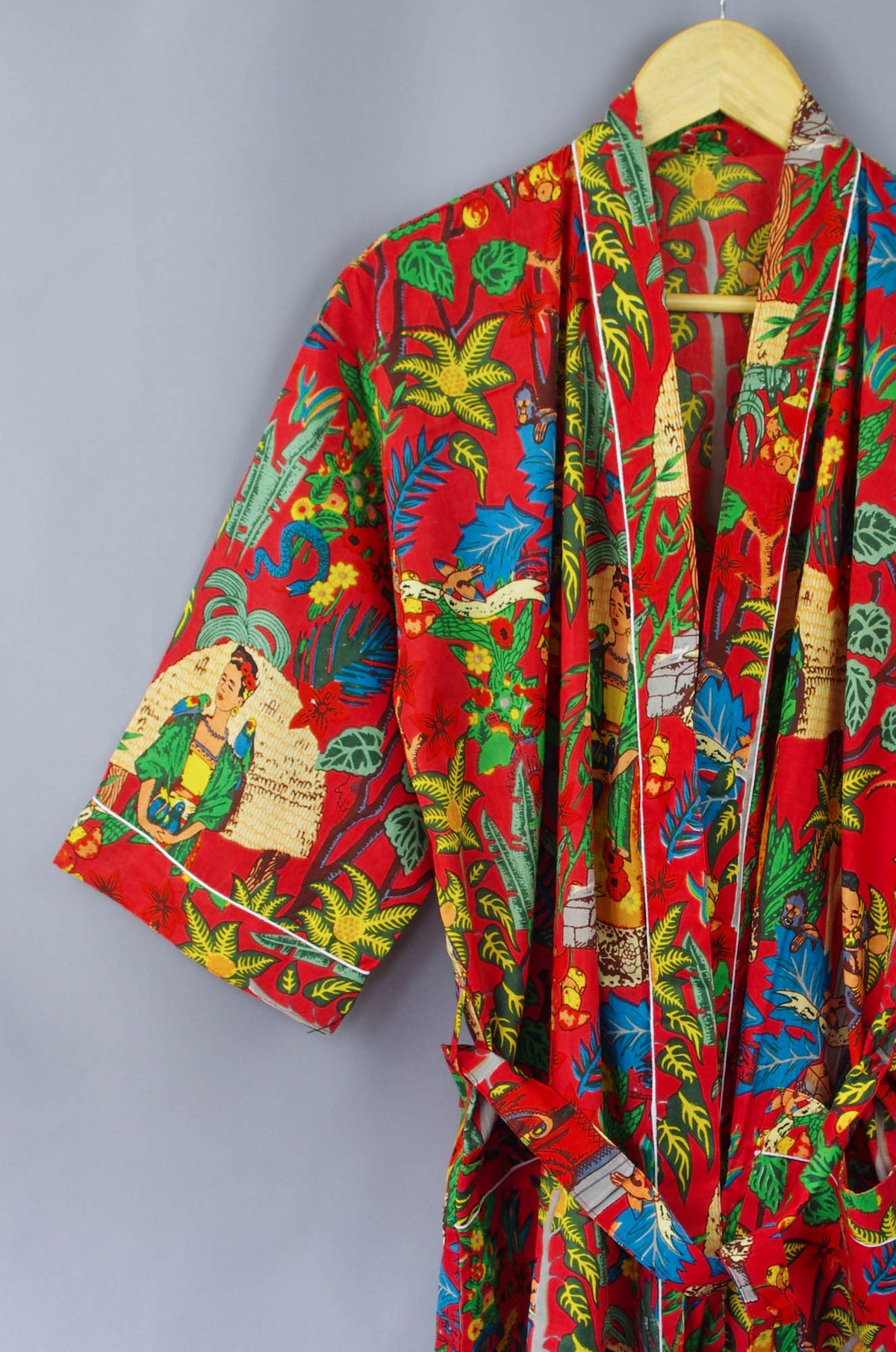 Red Frida Kahlo Floral Print Cotton Kimono Dressing Gown - One & Plus Size