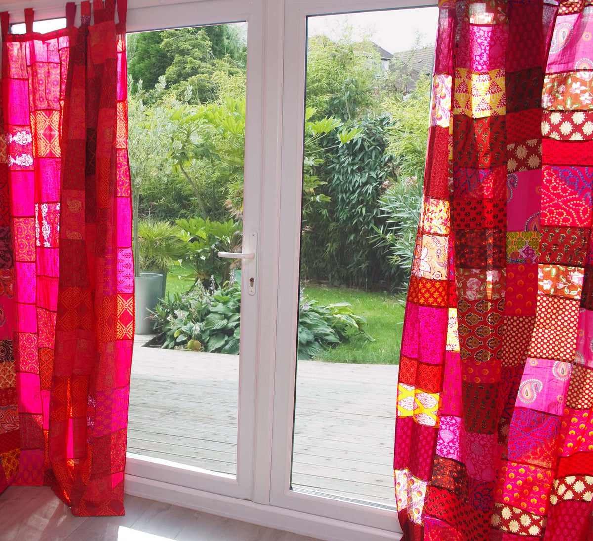 Bohemian Cotton Patchwork Curtains Pair Red/Hot Pink