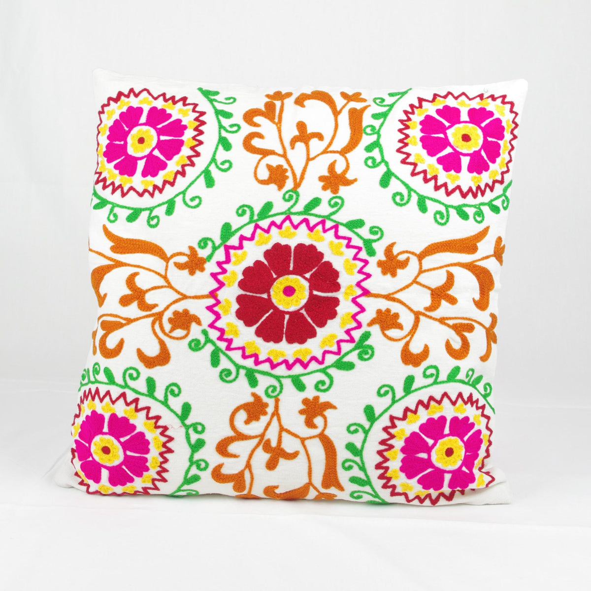 Suzani Woolen Embroidered Cotton Cushion Cover - White Floral