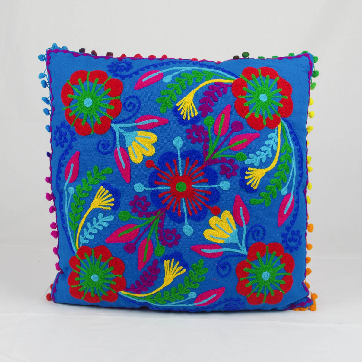 Suzani Woolen Embroidered Cotton Square Cushion Cover - Blue