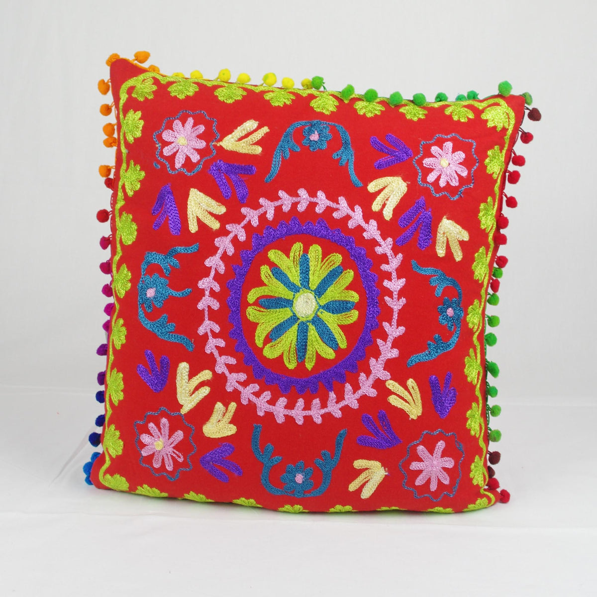 Suzani Woolen Embroidered Cotton Square Cushion Cover - Red