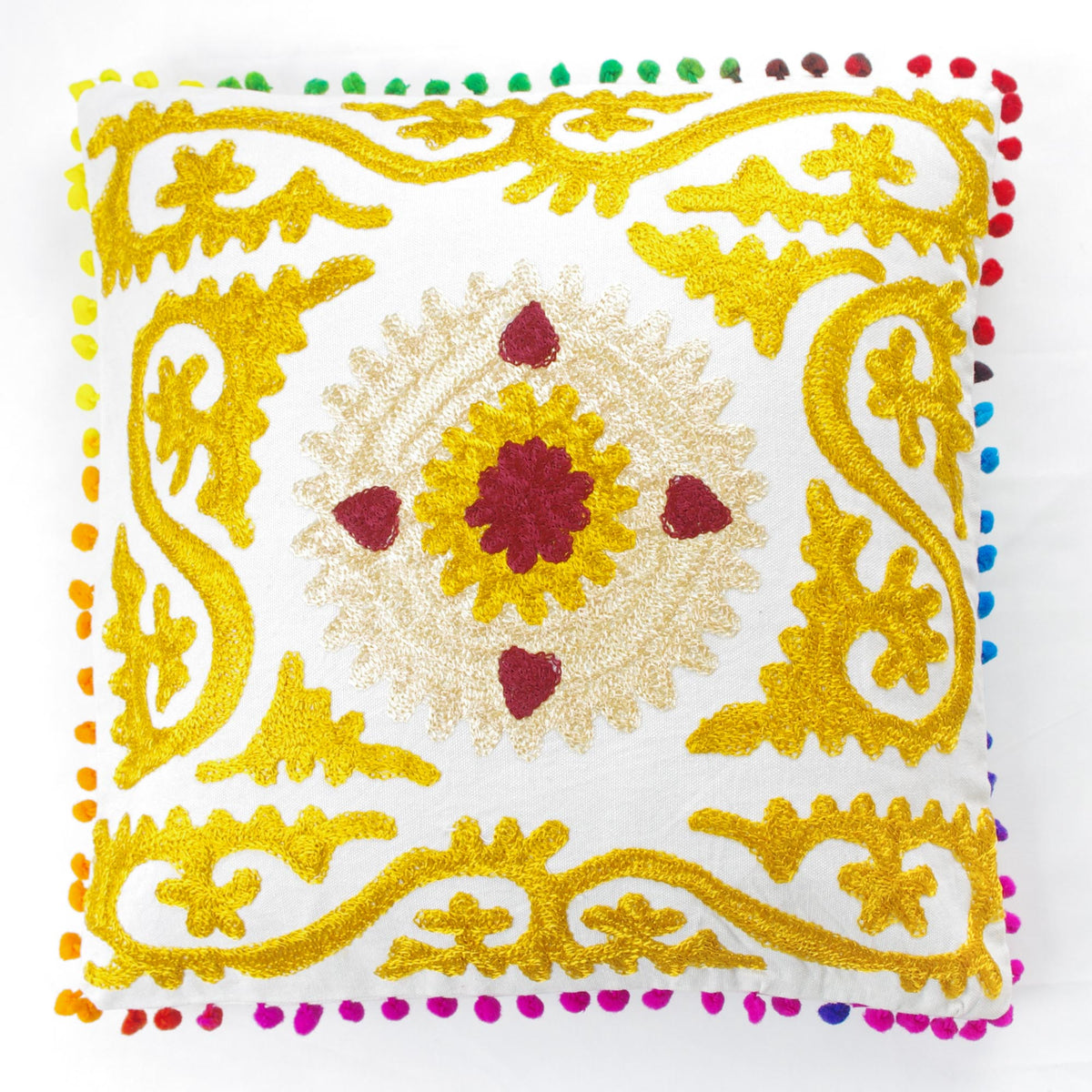 Suzani Woolen Embroidered Cotton Square Cushion Cover With Pom Pom - Golden