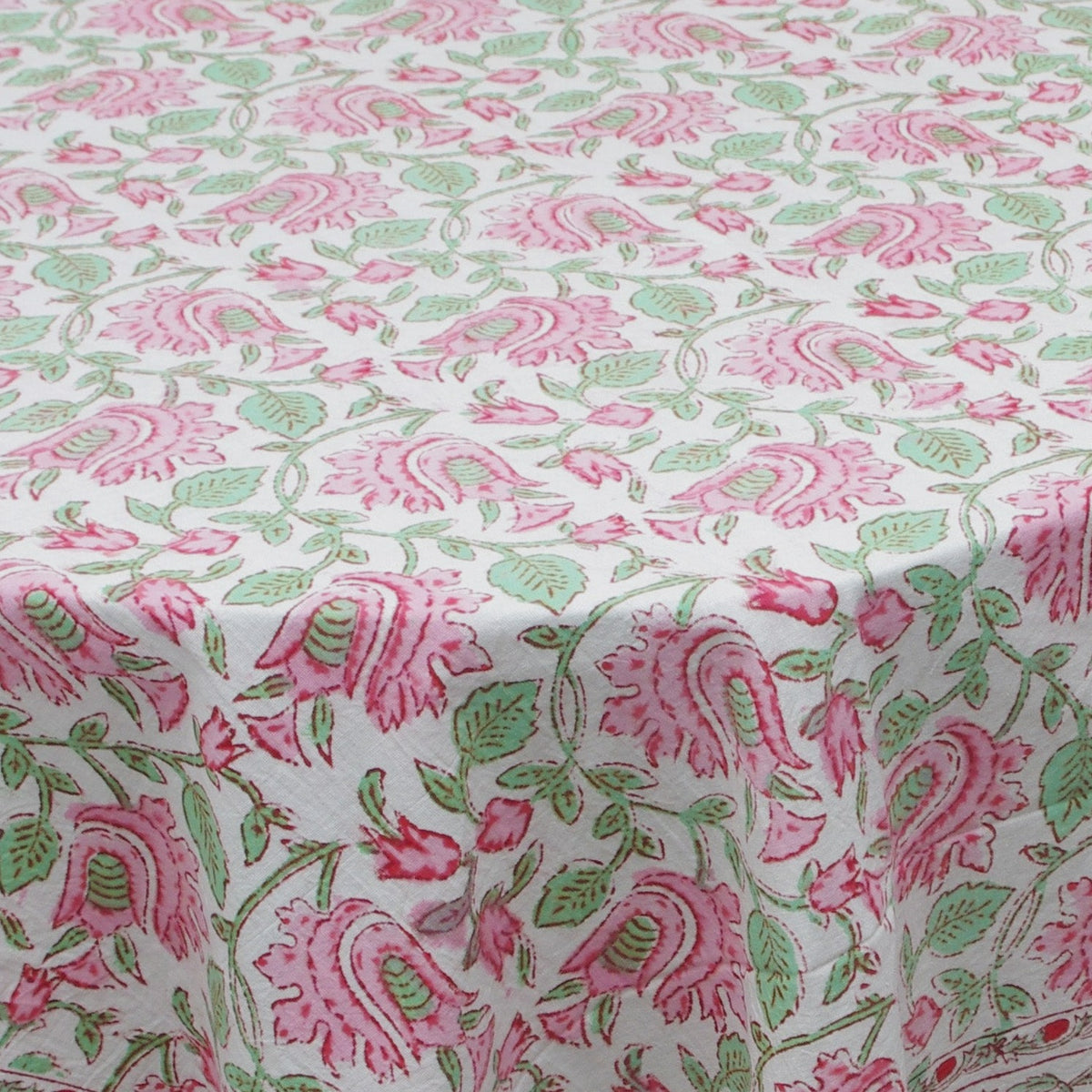 Pink Flowers Pattern Block Printed Rectangle Tablecloth Table Cover