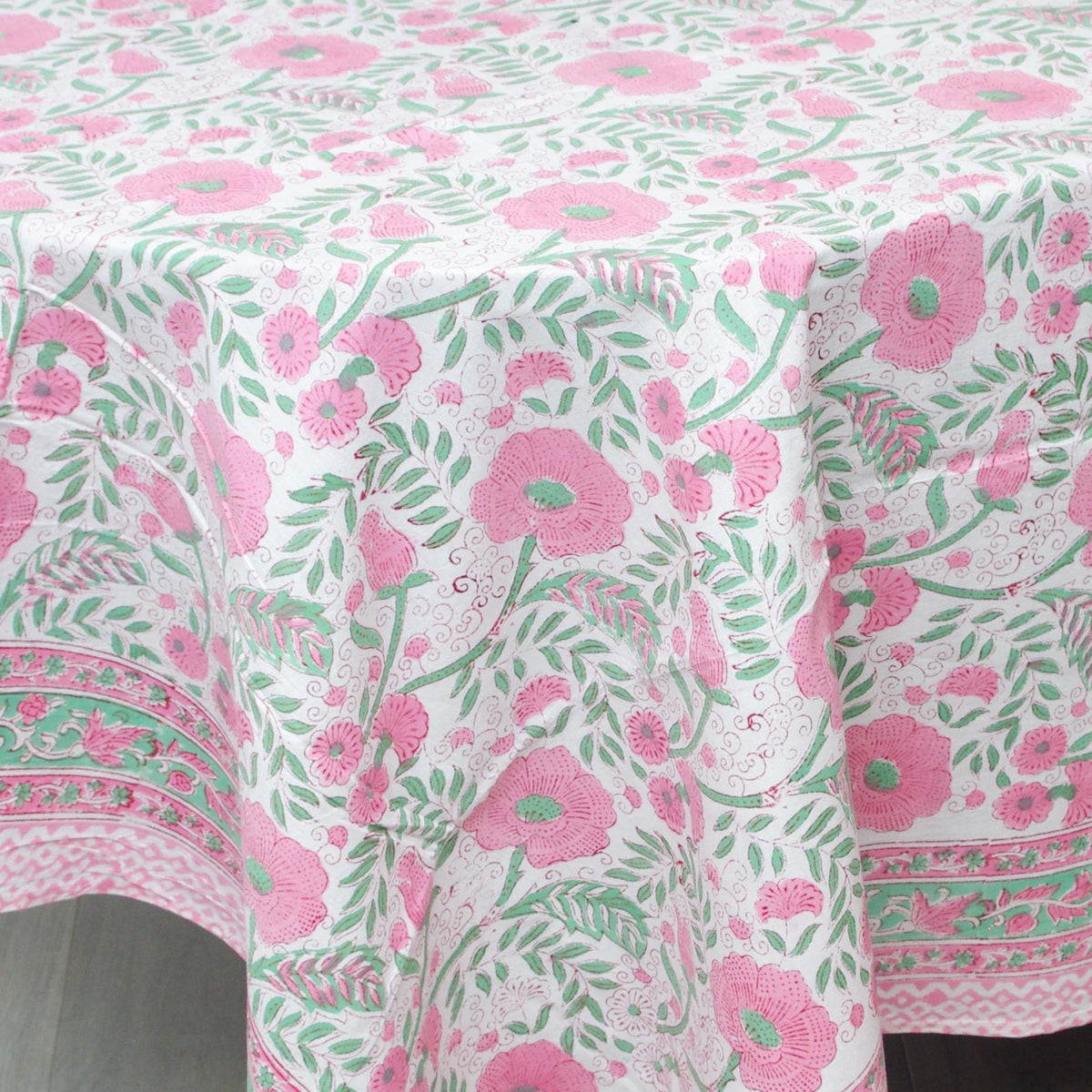 Pink Floral Garden Block Printed Rectangle Tablecloth Table Cover