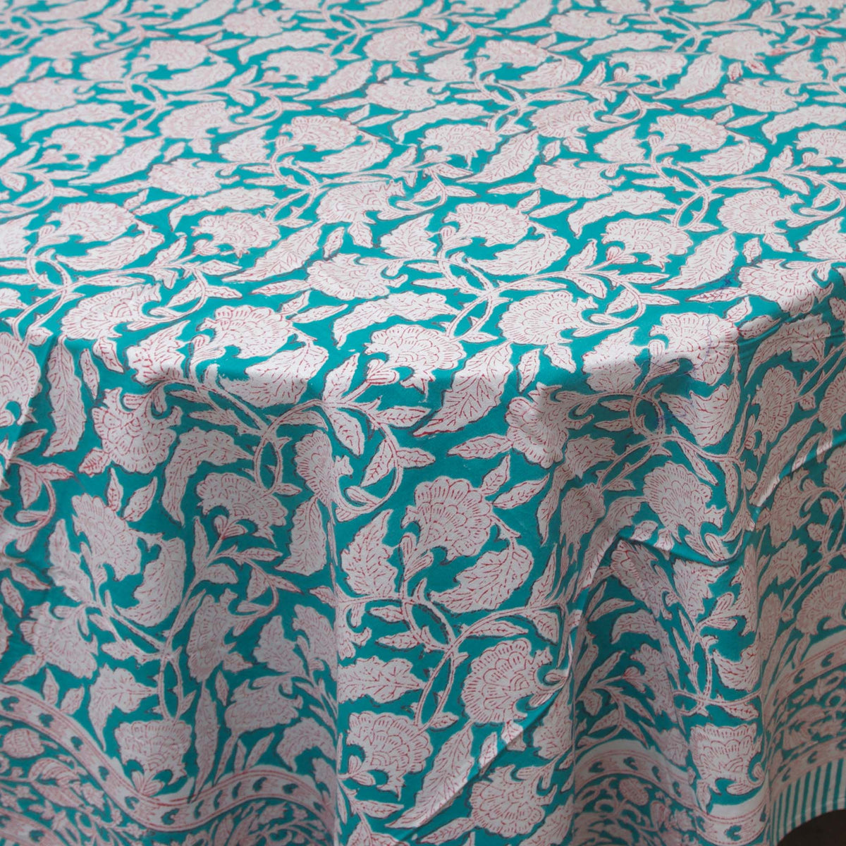 Turquoise Floral Garden Block Printed Rectangle Tablecloth Table Cover