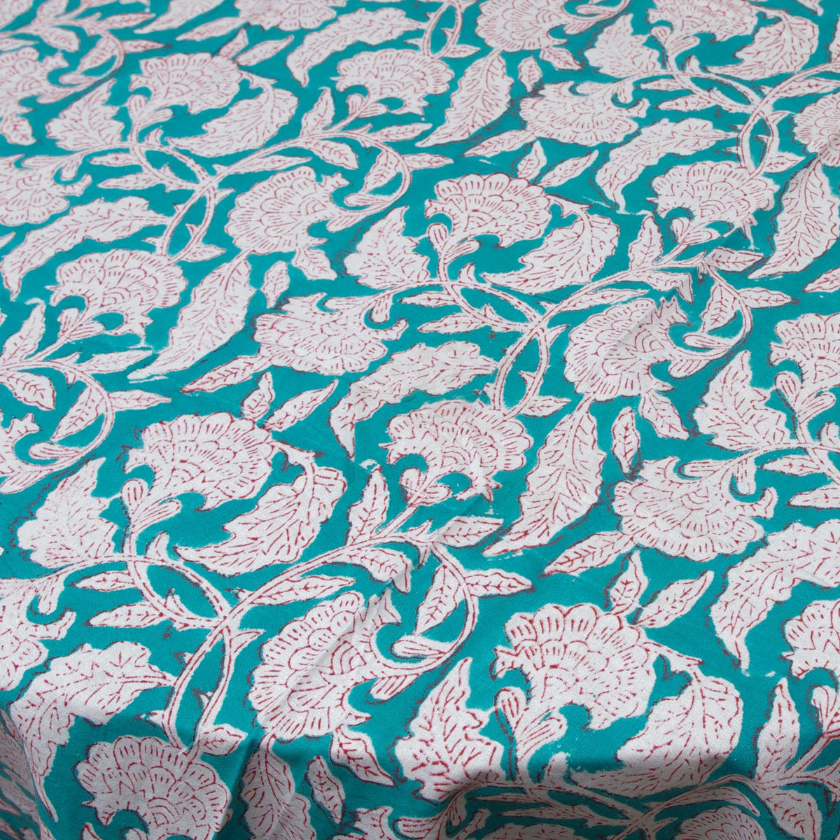 Turquoise Floral Garden Block Printed Rectangle Tablecloth Table Cover