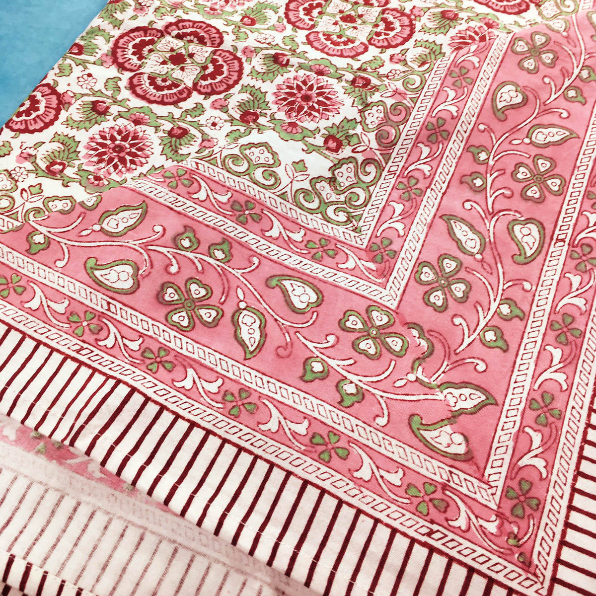 Dark Pink-Red & Green Floral Festive Block Printed Rectangle Tablecloth Table Cover