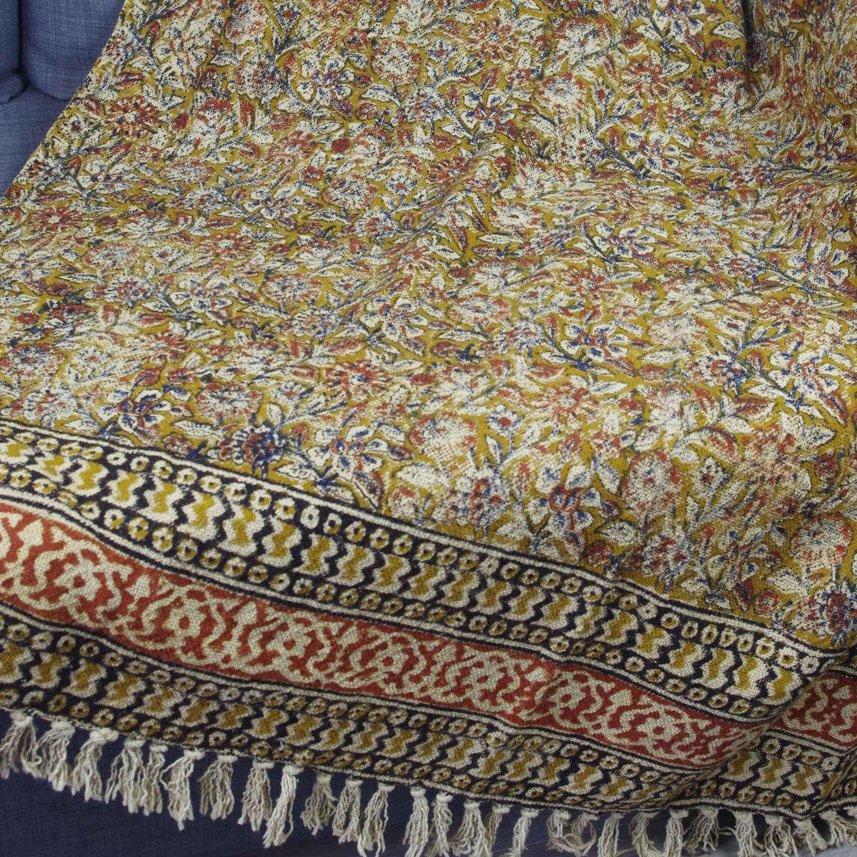 Handloom Mud Cloth Block Printed Cotton Sofa Throw With Tassels - Floral Jaal