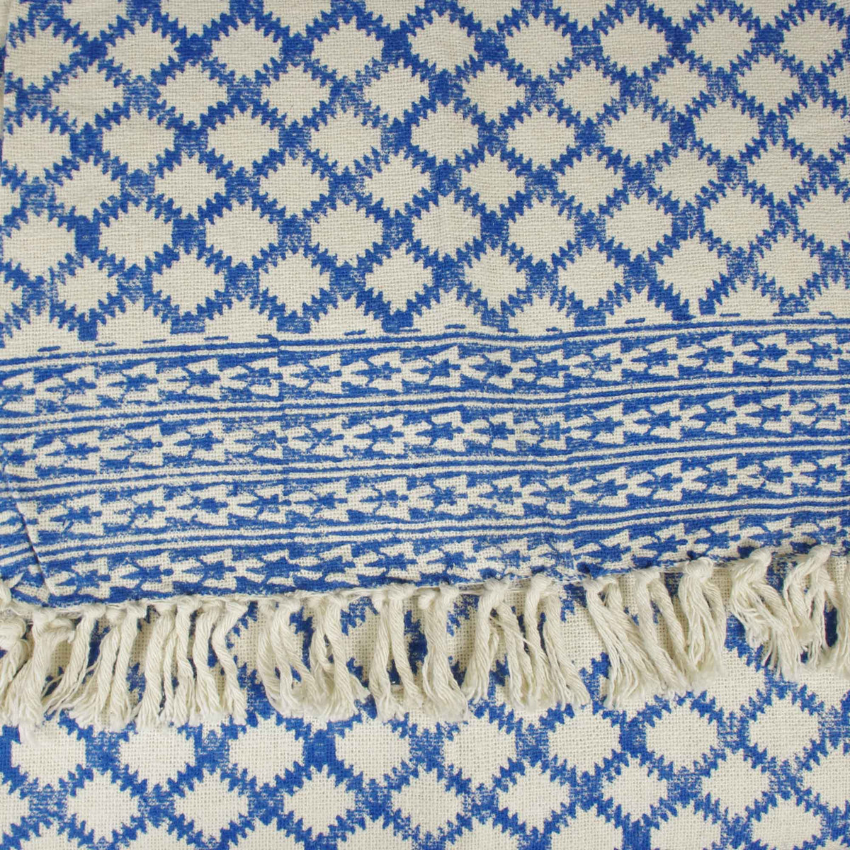 Block Printed Handloom Cotton Sofa Throw With Tassels - Blue White Geometric