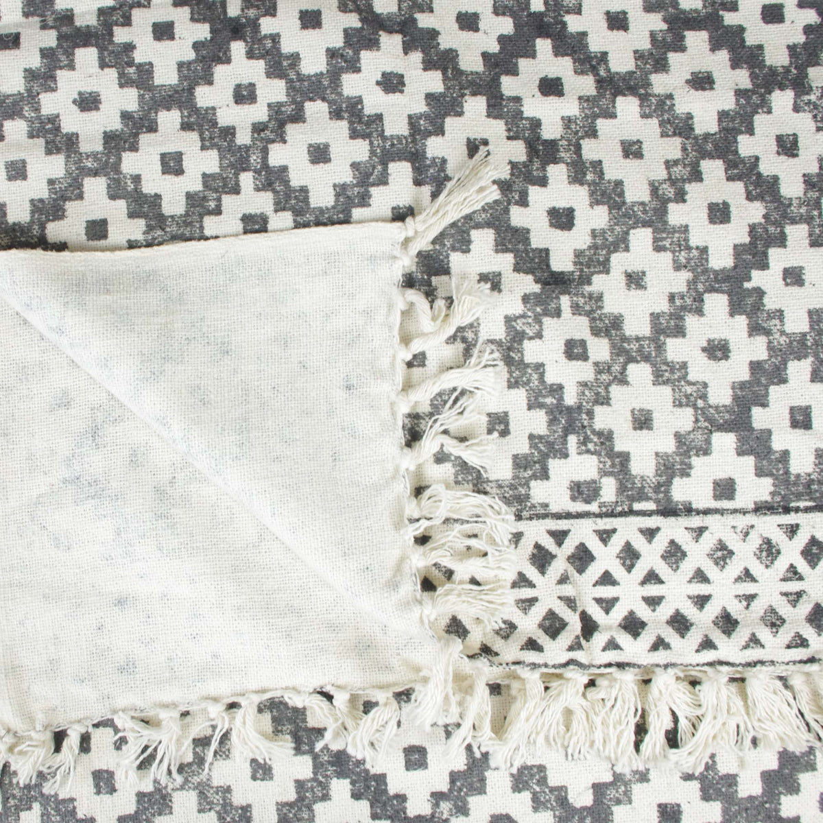 Block Printed Handloom Cotton Sofa Throw With Tassels -  Grey White Geometric