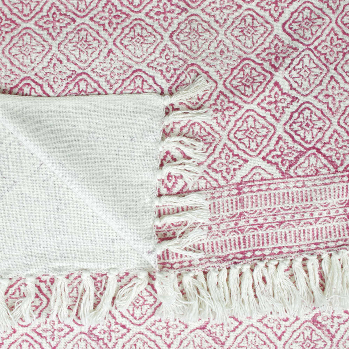 Block Printed Handloom Cotton Sofa Throw With Tassels -  Pink White Geometric