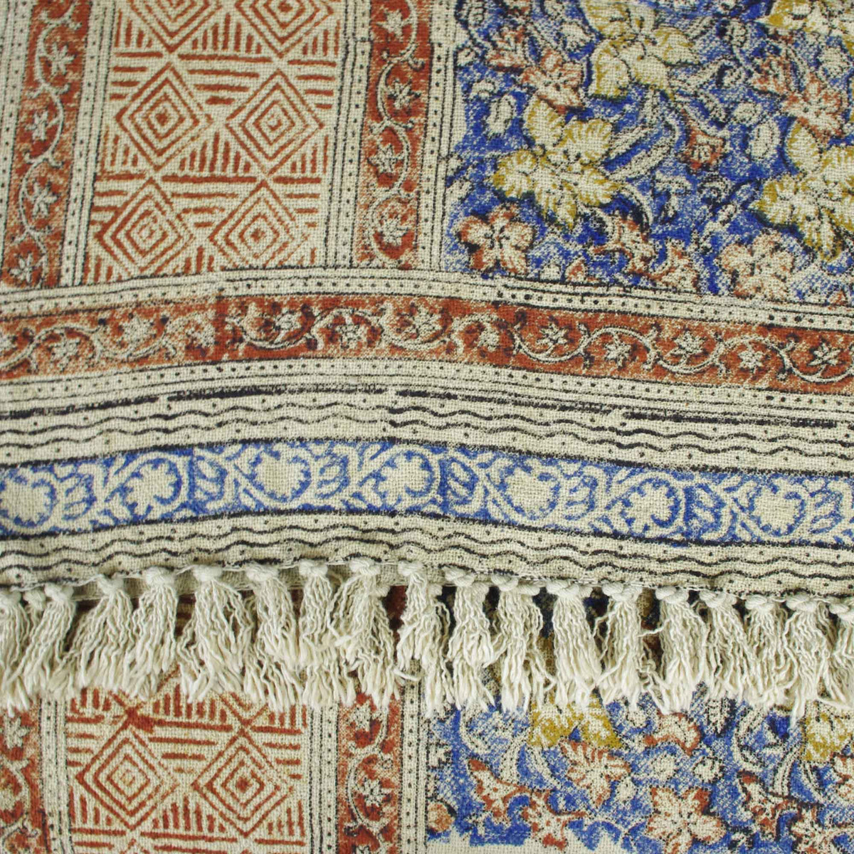 Handloom Mud Cloth Block Printed Cotton Sofa Throw With Tassels -Blue Beige Floral