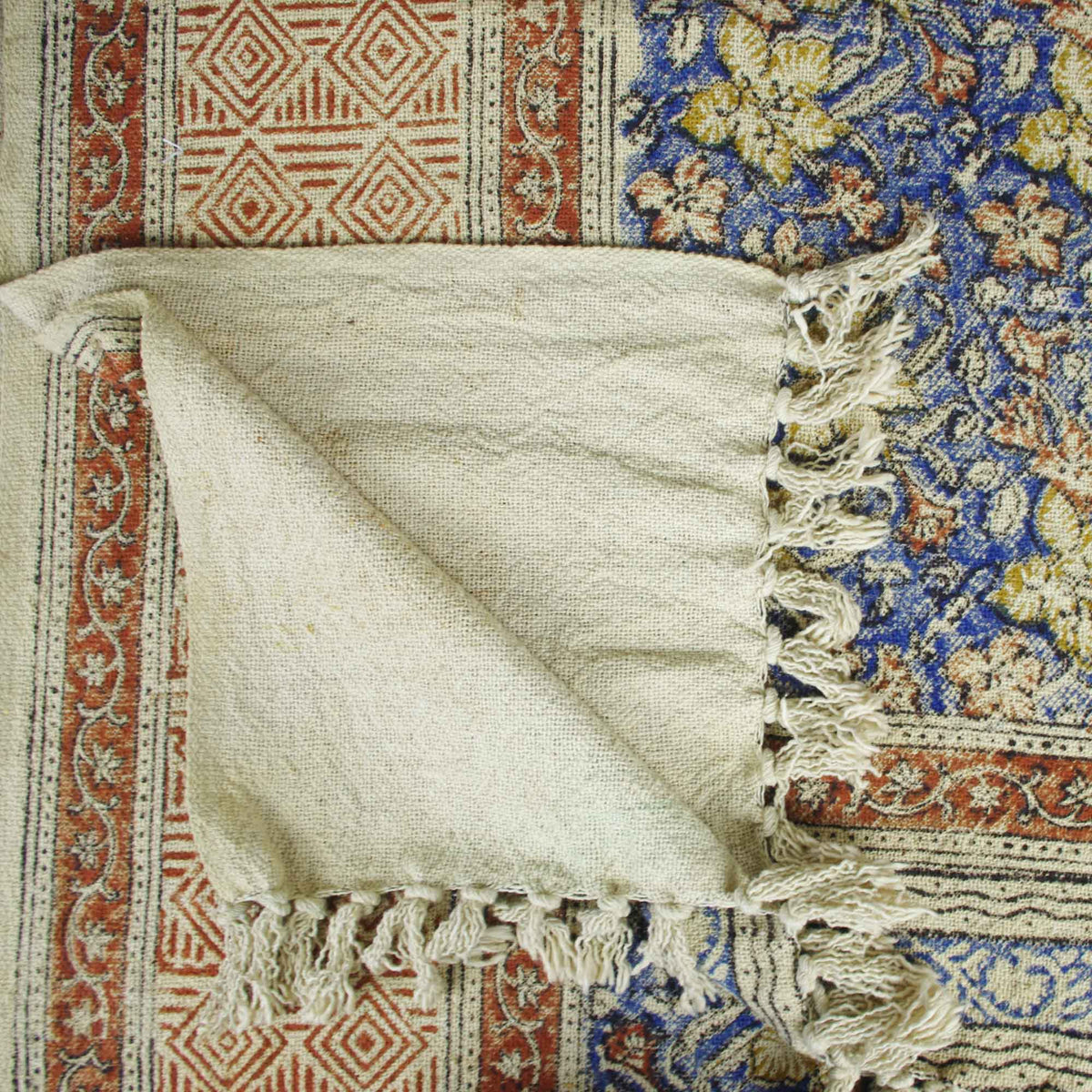 Handloom Mud Cloth Block Printed Cotton Sofa Throw With Tassels -Blue Beige Floral