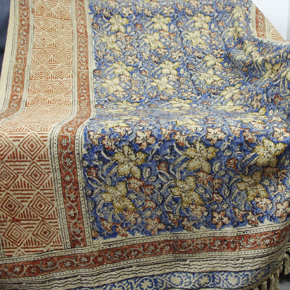 Handloom Mud Cloth Block Printed Cotton Sofa Throw With Tassels -Blue Beige Floral
