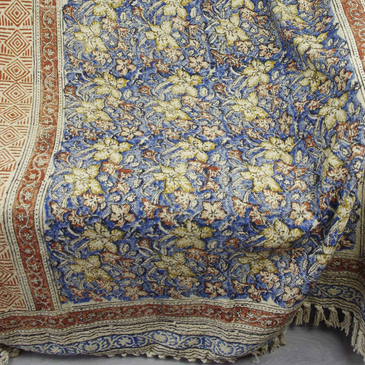 Handloom Mud Cloth Block Printed Cotton Sofa Throw With Tassels -Blue Beige Floral