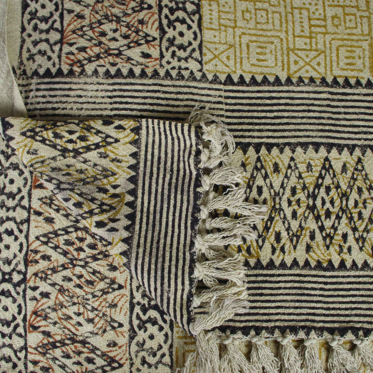 Handloom Mud Cloth Block Printed Cotton Sofa Throw With Tassels - Abstract