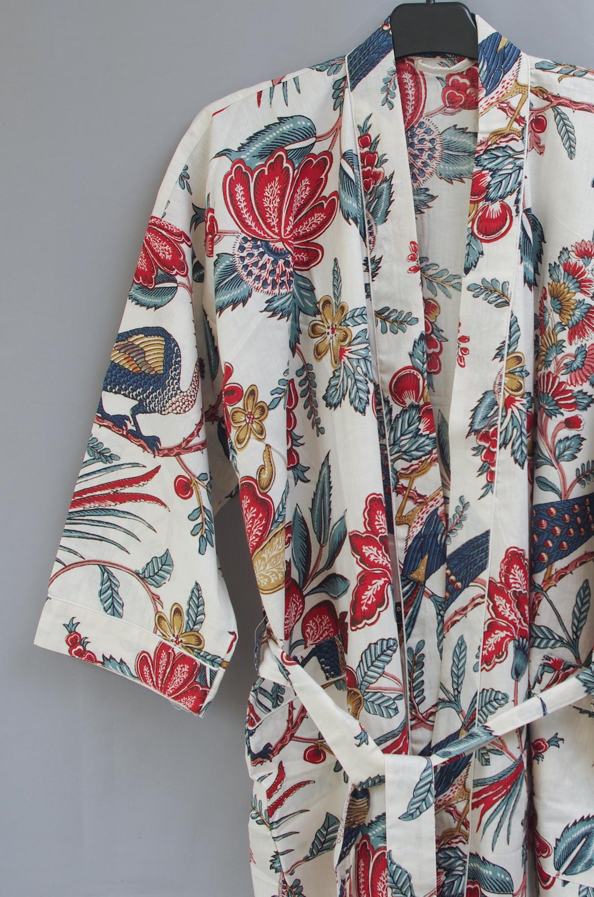 Tropical Birds And Fruits On White Base Cotton Kimono Dressing Gown - One & Plus Size