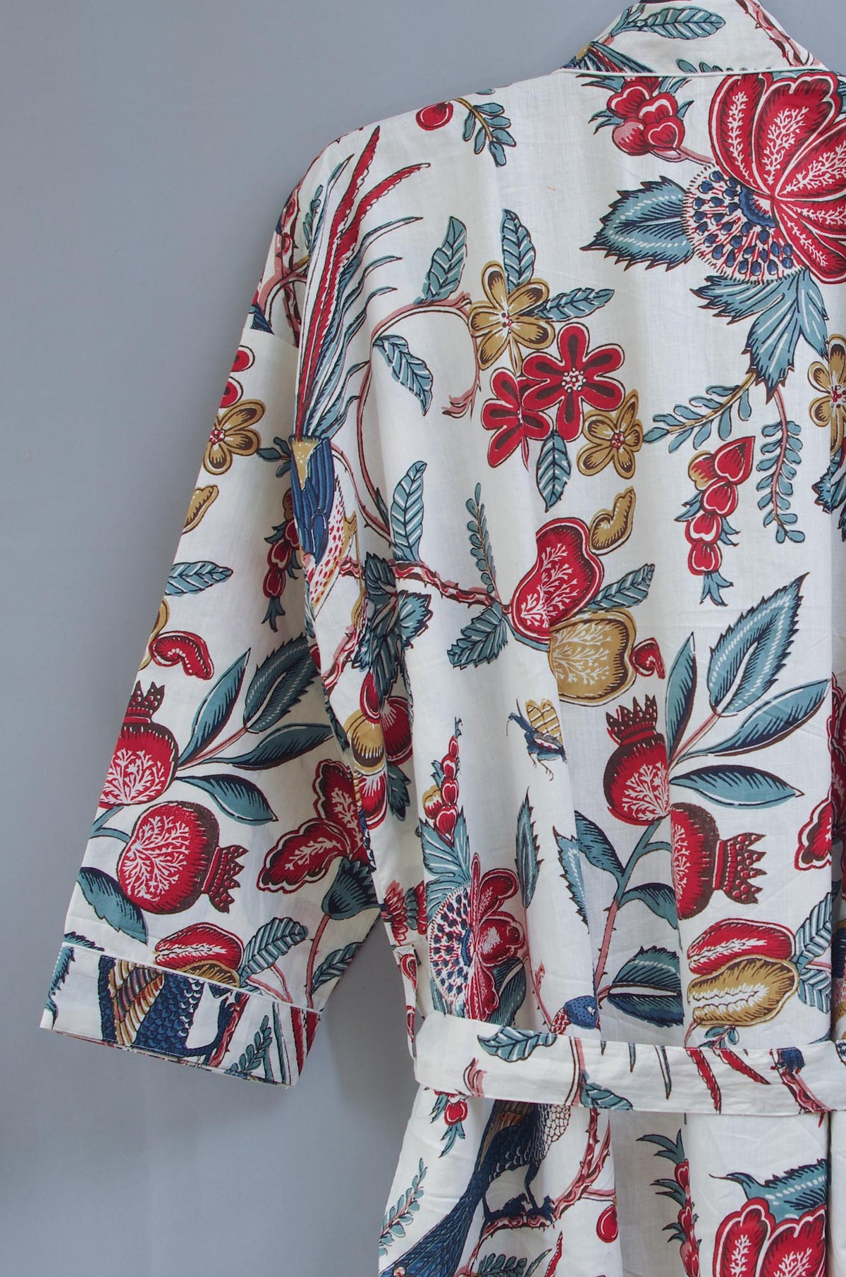 Tropical Birds And Fruits On White Base Cotton Kimono Dressing Gown - One & Plus Size