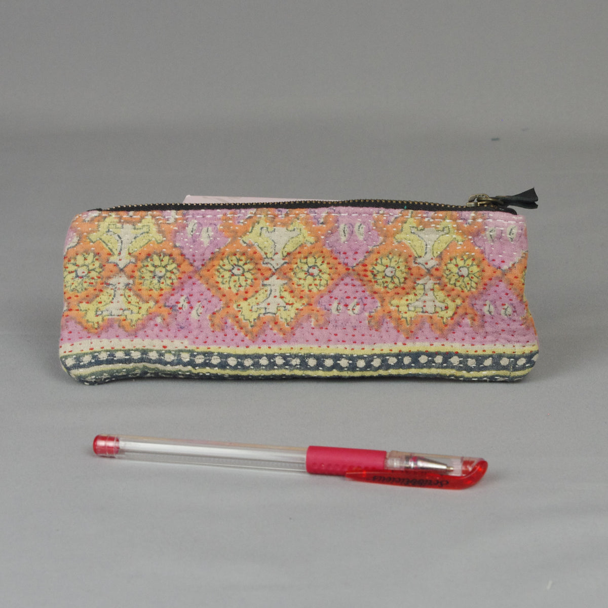 Vintage Kantha Small Pencil Case - Pink yellow Floral