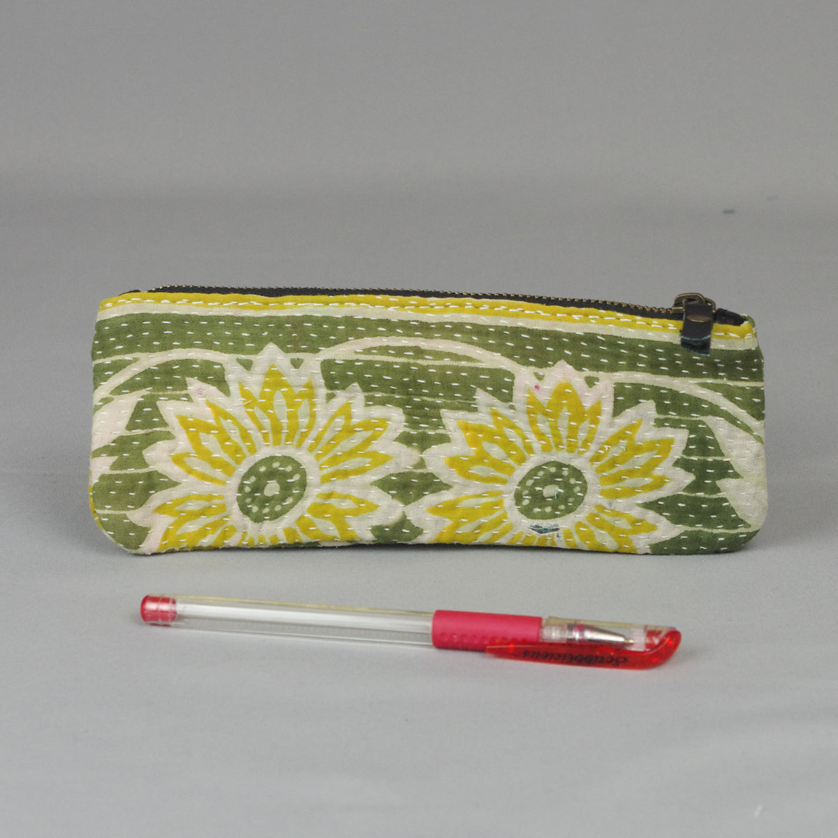Vintage Kantha Small Pencil Case - Green Yellow Floral