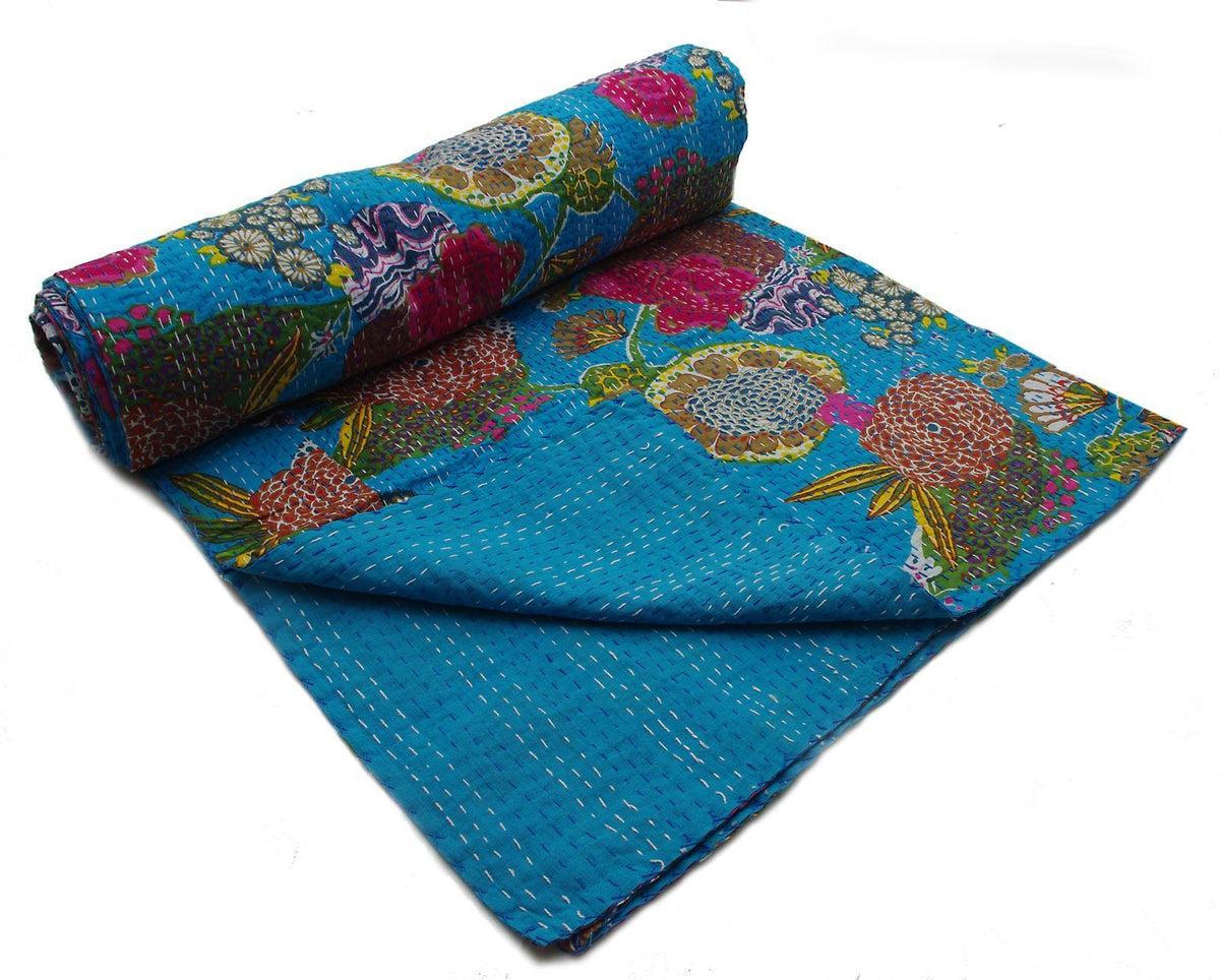 Flower Print Blue Indian Kantha Quilt Kantha Decor
