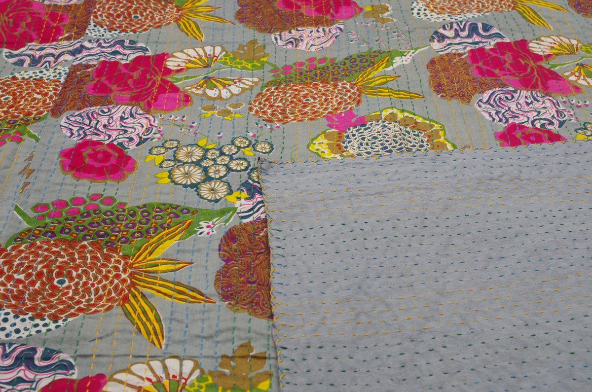 Flower Print Grey Indian Kantha Quilt Kantha Decor