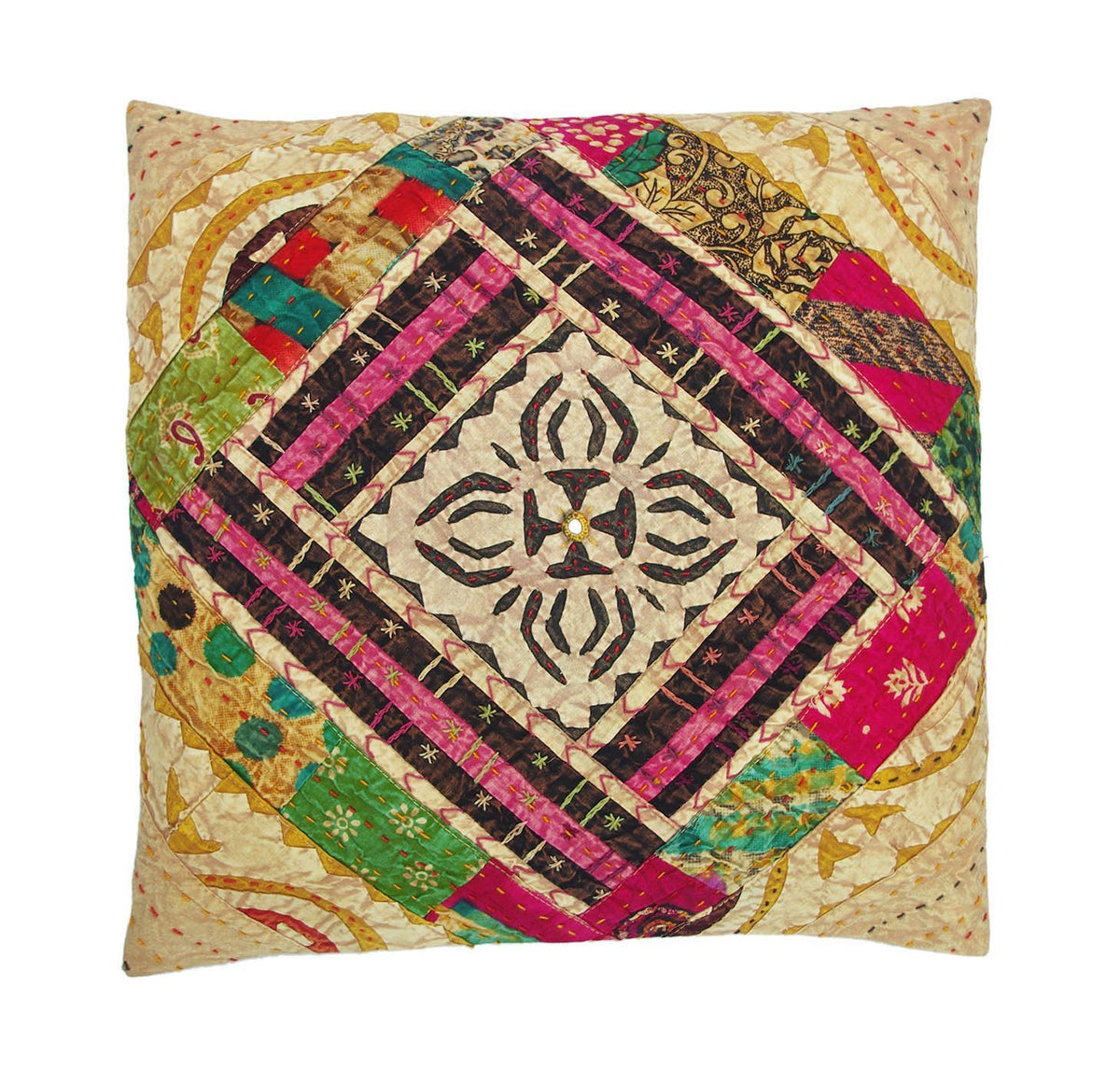 Indian Beige Siyaram Handmade Cotton Patchwork Cushion Cover-Kantha Decor