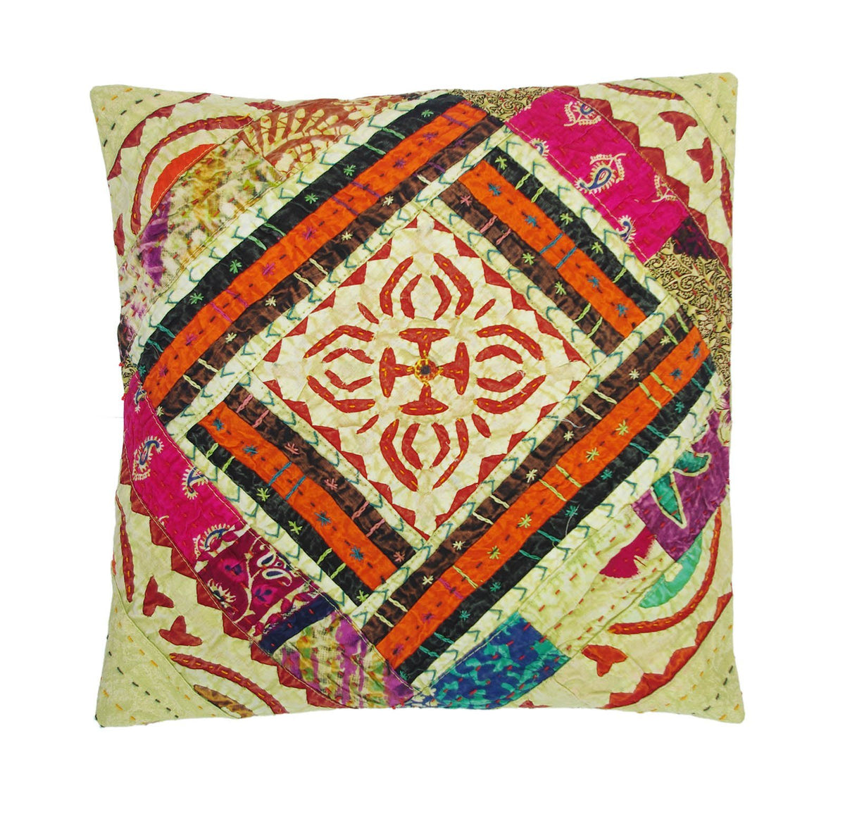 Indian Yellow Siyaram Handmade Cotton Patchwork Cushion Cover-Kantha Decor