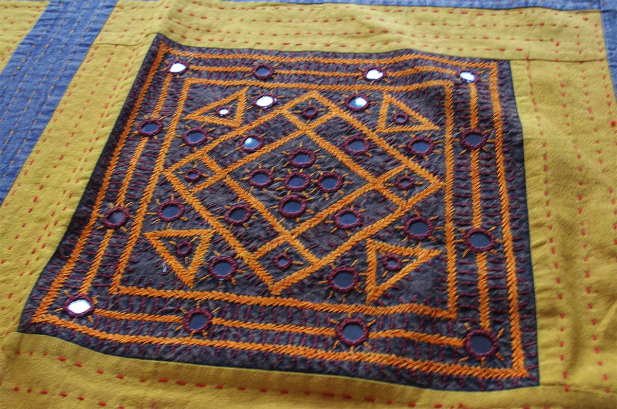 Multicoloured Mirror patchwork Indian Bedspread-Kantha Decor