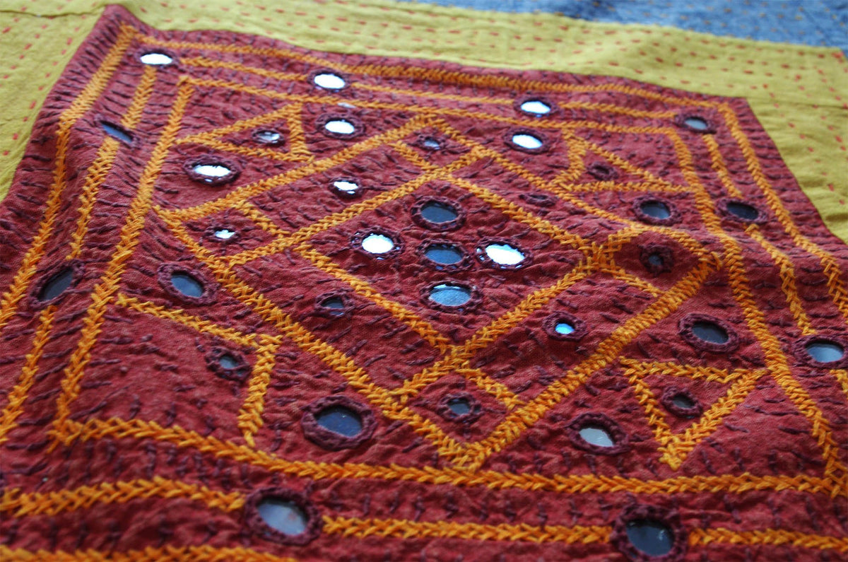 Multicoloured Mirror patchwork Indian Bedspread-Kantha Decor